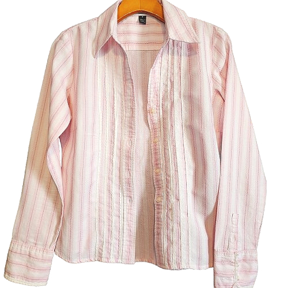Womens 4 Peck & Peck Pink Pinstripe Lace Trim Coquette Long Sleeve Button Shirt